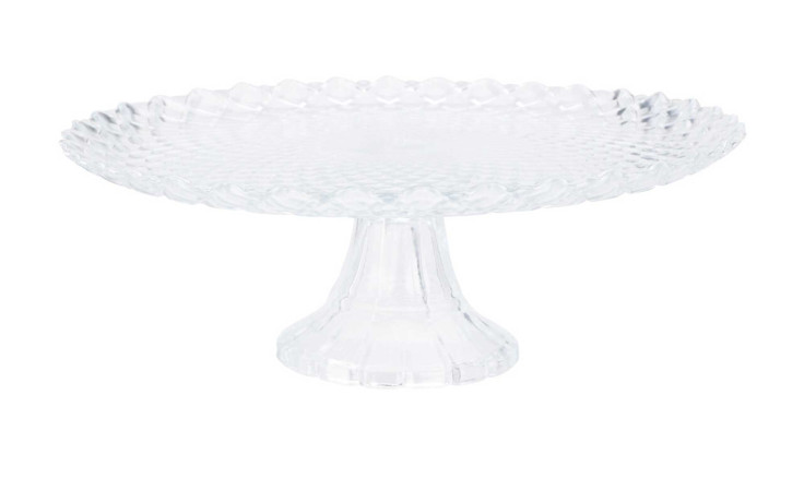 Servierplatte 26 x 9 cm: Transparenter Tortenständer aus Glas mit abgeschrägtem Rand und Sockel für elegante Dekoration.