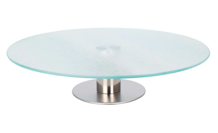Servierplatte 30 cm: Runde Glasplatte mit silbernem Metallfuß, ideal als Glasdekoration, vor weißem Hintergrund.