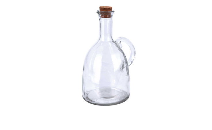 Öl-/Essigflasche 500 ml aus klarem Glas mit Henkel und Korkverschluss vor weißem Hintergrund.