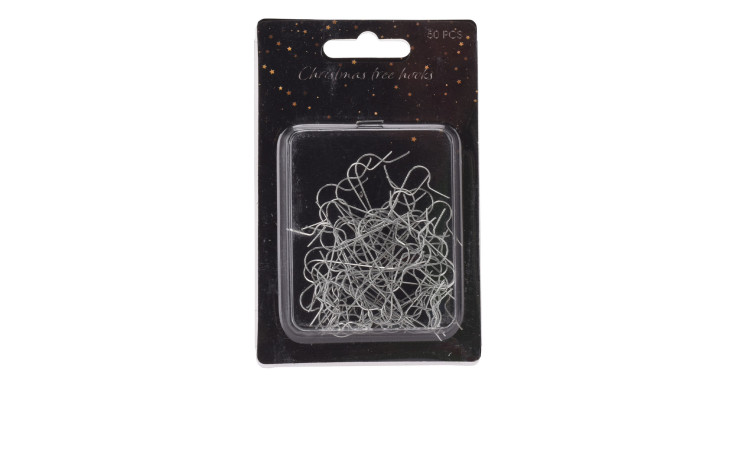 Eine Packung mit 50 Weihnachtsbaum-Haken auf einer schwarzen, sternförmigen Kartonunterlage für Weihnachtsbäume.