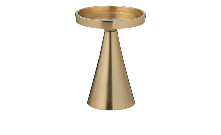 Kerzenständer 13 cm: Goldfarbener, kegelförmiger Kerzenständer aus Aluminium mit breiter Spitze und glatter, matter Oberfläche.