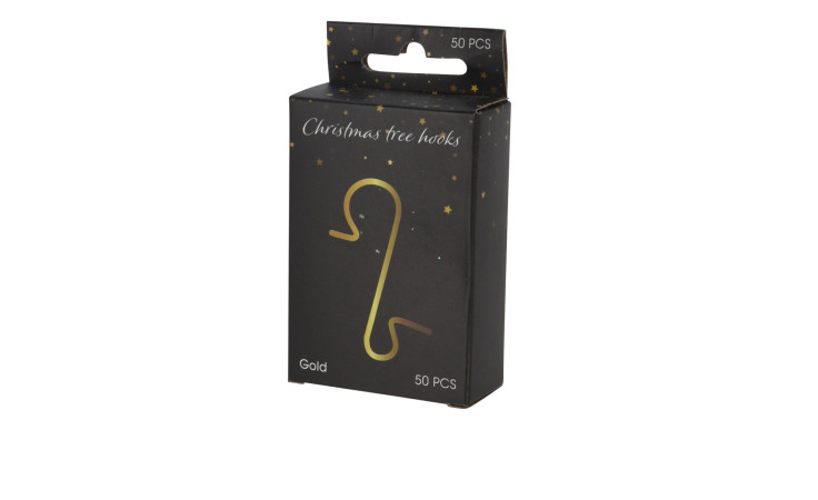Eine schwarze Eisenschachtel mit der Aufschrift "Weihnachtskugelhaken 50 Stk." mit einem Goldhaken, Sternen und 50 Goldhaken zur Dekoration.