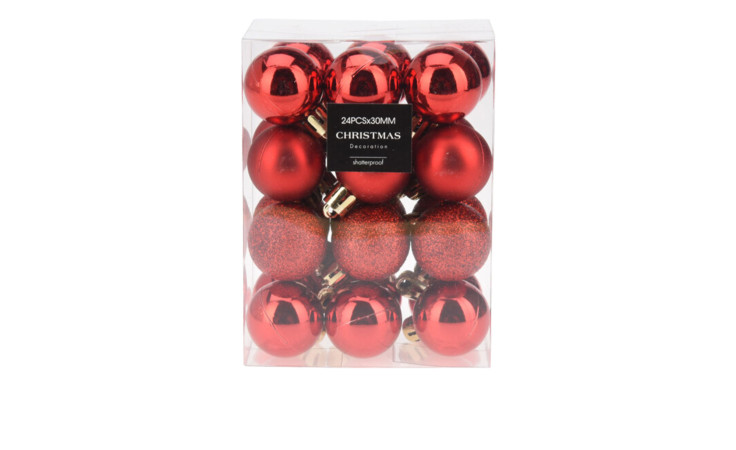 Eine durchsichtige Schachtel mit 24 glänzenden, glitzernden Weihnachtskugelboxen 24 Stk. mit einem Durchmesser von jeweils 3 cm.