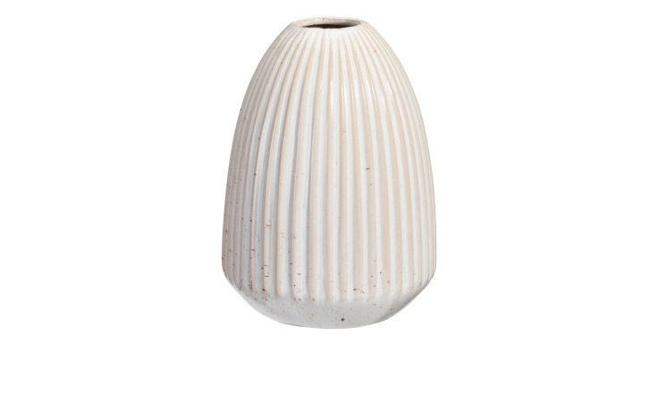 Vase 12 cm: Hoch, weißes Porzellan mit vertikalen Rillen, schmale gesprenkelte Öffnung, Höhe 12 cm.