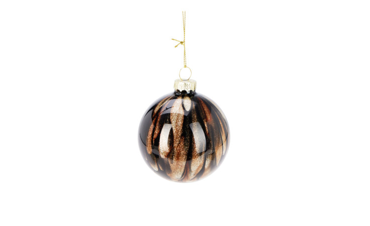 Die Weihnachtskugel 8 cm, ein rundes Glasornament mit goldenen, schwarzen und braunen Streifen, hängt an einer goldenen Schnur.