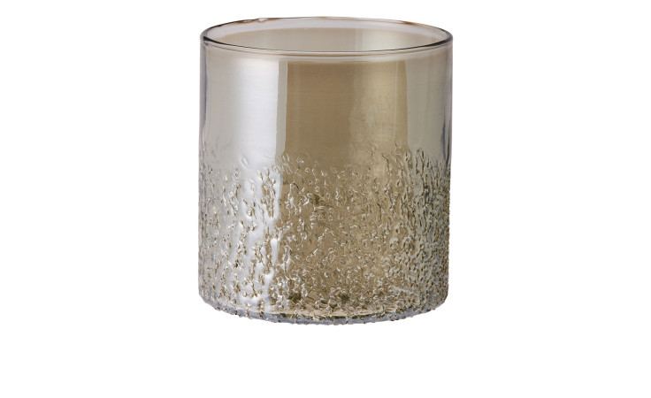 Der Teelichthalter 14 cm ist ein klarer Grünglasbecher mit strukturiertem Boden, ideal für eine stilvolle Dekoration auf weißem Hintergrund.