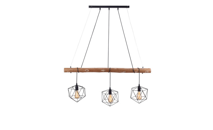 Die Pendelleuchte Edgar von Leuchten Direkt besteht aus drei schwarzen Drahtkäfigen auf einem holzverkleideten Balken.