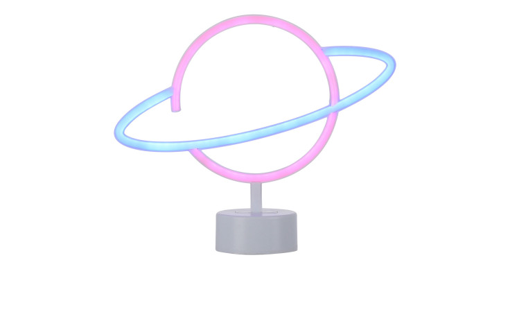 LED-Bild Neon-Saturn mit pink-blauem Leuchteffekt auf weißem Kunststoffsockel; Leuchtmittel inklusive.