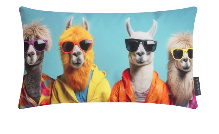 Vier Lamas in bunten Outfits und mit Sonnenbrille posieren auf der Kissenhülle Crazy Lama 30 x 50 cm mit leuchtend blauem Hintergrund.