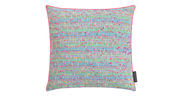 Kissenhülle Joy 40 x 40 cm mit bunt gesprenkeltem Jacquard-Muster und rosa Paspelierung, abgebildet auf weißem Hintergrund.