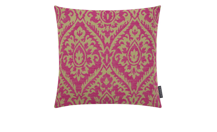 Kissenhülle Darla 45 x 45 cm mit rosa-olivgrünem Damastmuster auf weißem Mischgewebe.