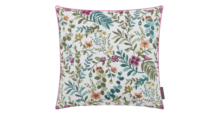 Kissenhülle Irina 45 x 45 cm: Quadratische Jacquard-Kissenhülle mit buntem Blumenmuster, rosa Paspelierung.