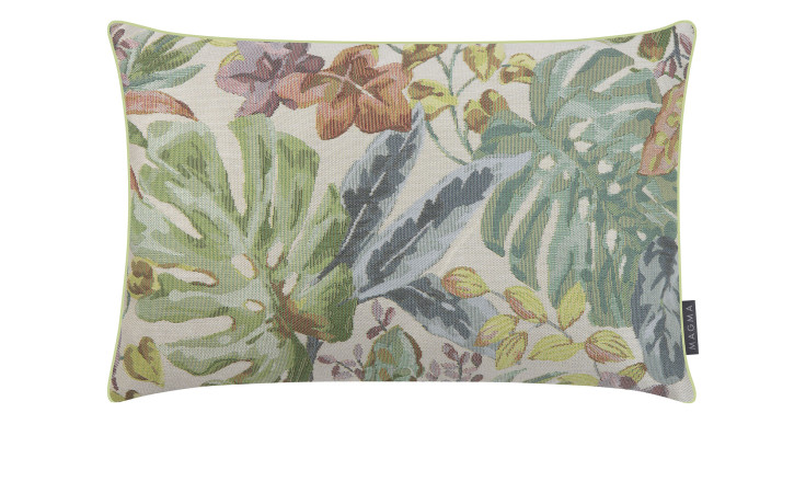 Kissenhülle Laguna 40 x 60 cm mit tropischem Blatt- und Blumenmuster in Grün, Gelb und Braun auf hellem Grund.