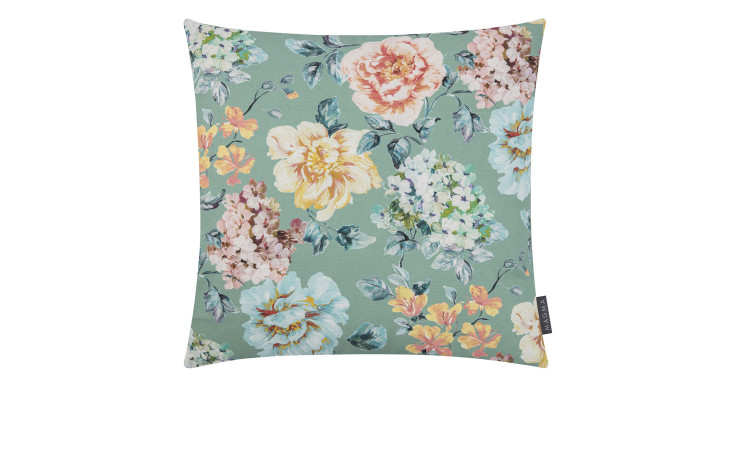 Kissenhülle Martha 50 x 50 cm mit grünem Hintergrund und buntem Blumenmuster in Pink, Gelb, Blau und Weiß.