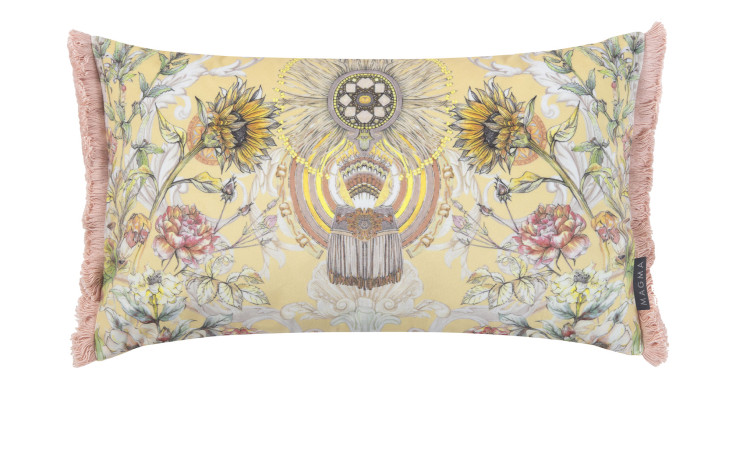 Kissenhülle Fayence 30 x 50 cm, floral & geometrisch gemustert, rosa Fransen, weicher Synthetikfaser-Samt.