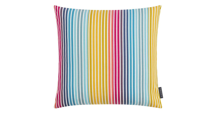 Kissenhülle Nizza 50 x 50 cm aus Synthetikfaser mit bunten Vertikalstreifen auf weißem Grund.