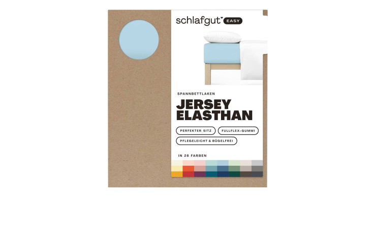 Kartonverpackung für Jersey Spanntuch 130 x 220 cm Blau mit Farbmuster und deutschen Angaben.