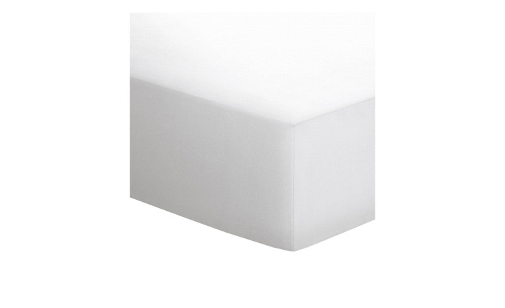 Nahaufnahme eines Bettlaken Linon Spannbettlakens 220 x 260 cm in Weiß, dargestellt vor einem einfarbig weißen Hintergrund.