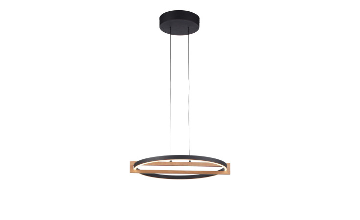 Die Mondo LED-Pendelleuchte MONDO Famera 50 cm hat eine schwarze und holzfarbene Oberfläche und ein schlankes, rundes Design.