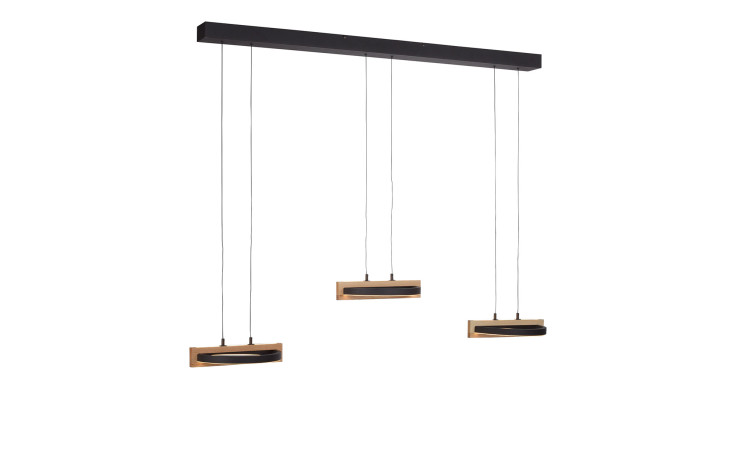 Die LED-Pendelleuchte MONDO Famera von Mondo verfügt über 3 holzfarbene Leuchten, eine schwarze Halterung und beinhaltet Leuchtmittel.