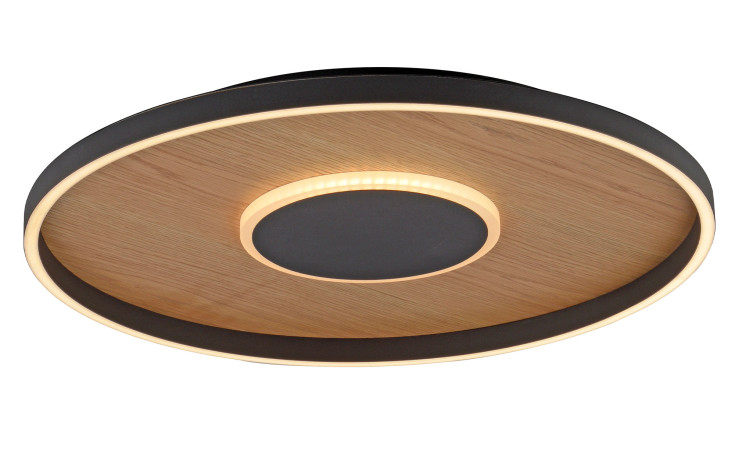 Die LED-Deckenleuchte MONDO Famera 58,5 cm von Mondo verfügt über Holzfarben, schwarze Akzente und beinhaltet Leuchtmittel.