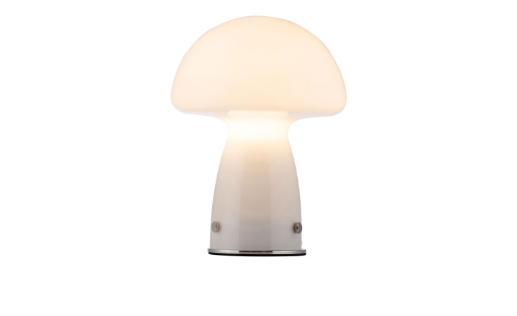 Die Paul Neuhaus Tischleuchte Fungo 22 cm ist eine moderne pilzförmige Leuchte mit einer leuchtenden Glasplatte auf weißem Hintergrund.