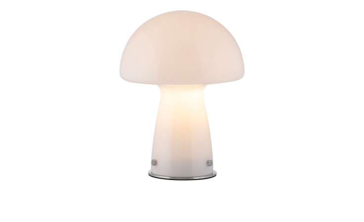 Die Paul Neuhaus Tischleuchte Fungo 29 cm ist eine weiße Tischleuchte in Pilzform mit einem sanft leuchtenden Glasschirm.