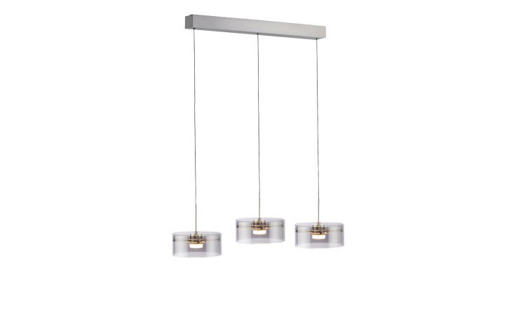 Drei Mondo MONDO Karena 74 cm LED-Pendelleuchten mit Metall und Glas hängen an einer rechteckigen Deckenhalterung.