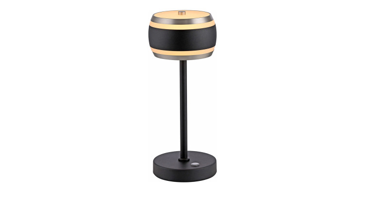 Die Paul Neuhaus Akku-Tischleuchte Pure Falling 32 cm ist eine moderne schwarz-goldene Aluminium-Tischleuchte mit einem schlanken, runden Design.
