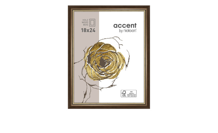 Bilderrahmen Ascot 18 x 24 cm mit einem brauen Holzrahmen mit einer goldenen Absetzung und transparentem Glas.