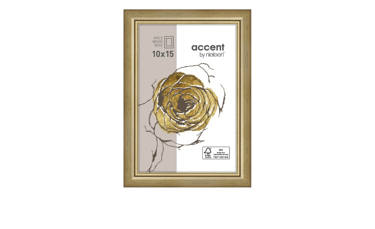Bilderrahmen Ascot 10 x 15 cm mit einem goldenen Holzrahmen und transparentem Glas.
