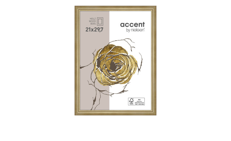 Bilderrahmen Ascot 21 x 29,7 cm mit einem goldenen Holzrahmen und transparentem Glas.