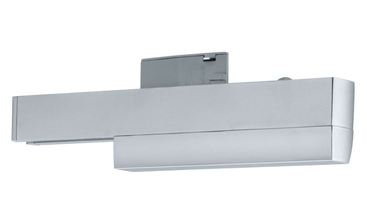 Ein silberfarbener Schienenadapter Zigbee URail 16,6 cm mit einem modernen rechteckigen Design für stilvolle Dekorationen.