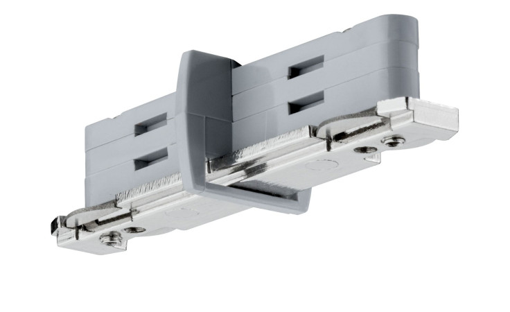 Stromtrenner URail 7 cm in grauem Kunststoff und silberfarbenem Metall, Tiefblick auf weißem Hintergrund.