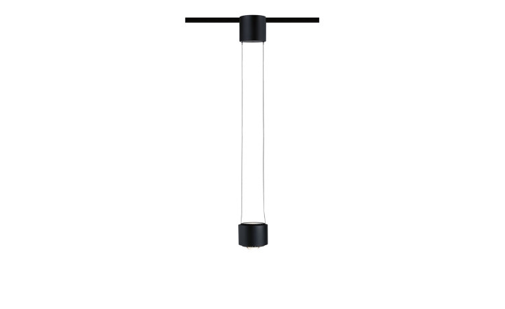 LED-Pendelleuchte Aldan URail 8,5 cm: minimalistische Pendelleuchte mit klarem Glasrohr und schwarzen Metallenden, hängt senkrecht.