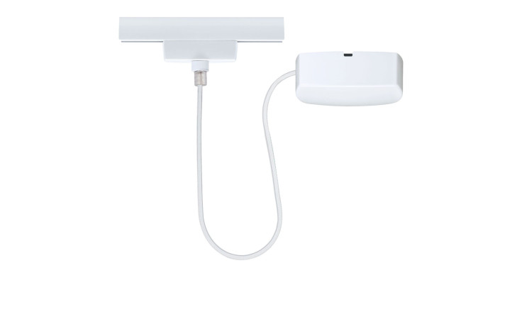 Eine weiße Kabeleinspeisung URail 100 cm mit Metallakzenten verbindet zwei rechteckige Teile, dargestellt auf weißem Hintergrund.