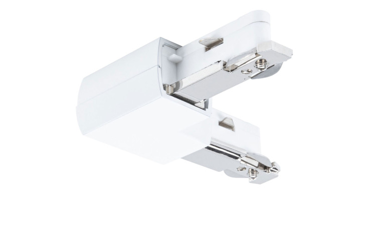 Weißer L-Verbinder Starr URail mit Metall-Komponenten, montiert, isoliert auf weißem Hintergrund.