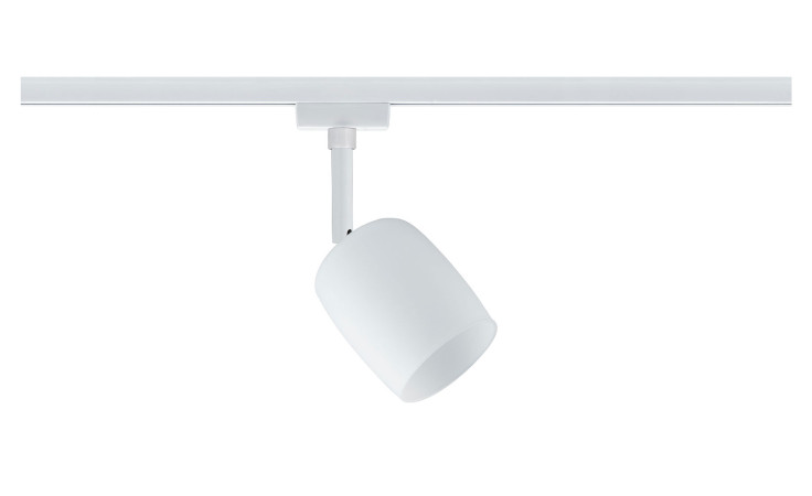 Spot Blossom URail 12 cm minimalistische weiße Stromschienenleuchte mit verstellbarem Glaskopf auf einer weißen Schiene.