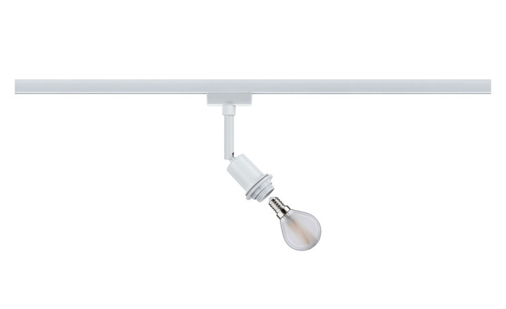 Eine einzelne Spot DecoSystems URail 16 cm Stromschienenleuchte mit freiliegender Glühbirne, leicht geneigt auf weißem Hintergrund.