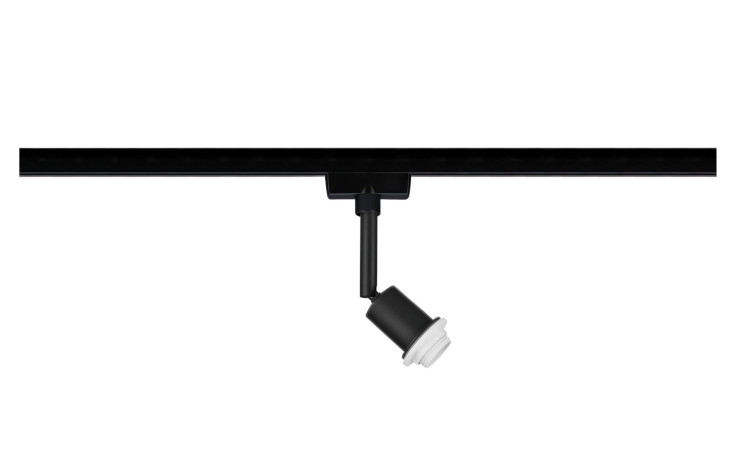 Der Spot URail 16 cm ist eine schwarze Stromschienenleuchte mit einem einzelnen, nach unten verstellbaren Strahler aus Metall und Kunststoff.
