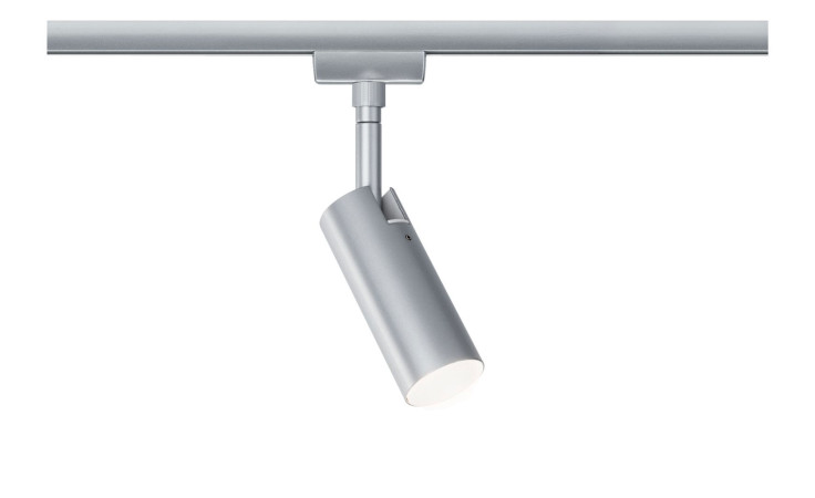 Der Spot URail 19 cm ist eine silberfarbene zylindrische Stromschiene, inkl. Leuchtmittel. Leuchtmittel, auf einer Schiene vor weißem Hintergrund.
