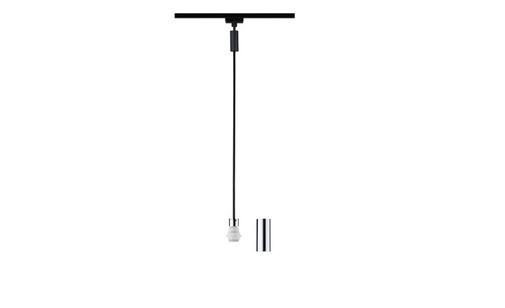 Minimalistische URail 150 cm Pendelleuchte aus schwarzem Metall mit einer kleinen zylindrischen Kunststoffhalterung auf weißem Hintergrund.