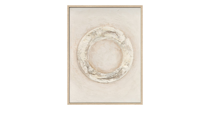 Pro-Art Handmalerei Minimal-Art V 120x90cm: Beigefarbener abstrakter Ring auf Creme, gerahmt in hellem MDF-Holz.
