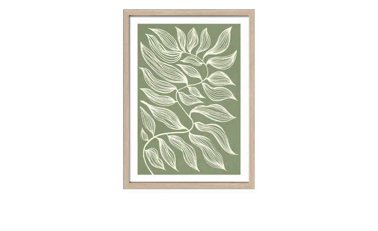 Pro-Art Rahmenbild Botanical Art VII 55 x 75 cm: weiße abstrakte Blätterzweige auf Grün, in Glas- und Holzwerkstoffrahmen.