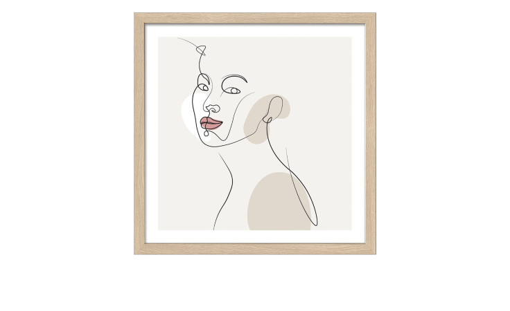 Pro-Art Rahmenbild Line-Art-Faces 33x33cm: minimalistisches Frauengesicht in beige und rosa, holzfarbener Rahmen.