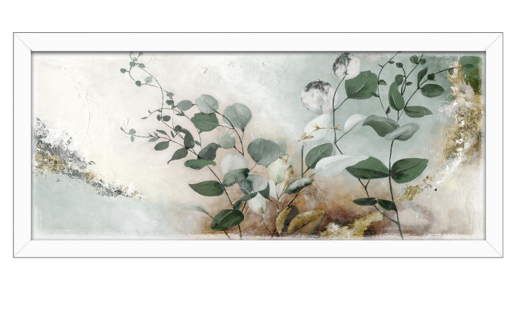 Pro-Art Rahmenbild Eukalyptus 60 x 130 cm mit abstrakten grünen Zweigen und weißem Rahmen.