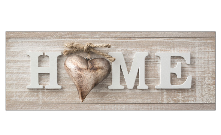 Mehrfarbige Wanddeko: Pro-Art Leinwandbild "Home" 30 x 80 cm mit herzförmigem O aus rustikalem Holz.