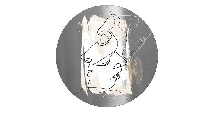 Pro-Art Alubild Face Lines 100 cm: Zwei sich überlappende Gesichter auf einem runden Metallhintergrund mit mehrfarbigen Pinselstrichen.