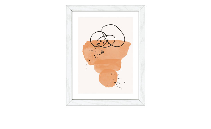 Minimalistische abstrakte Kunst mit pfirsichfarbenen Formen und schwarzen Linien in einem weißen Glasrahmen, Pro-Art Rahmenbild Lines And Shapes XI.