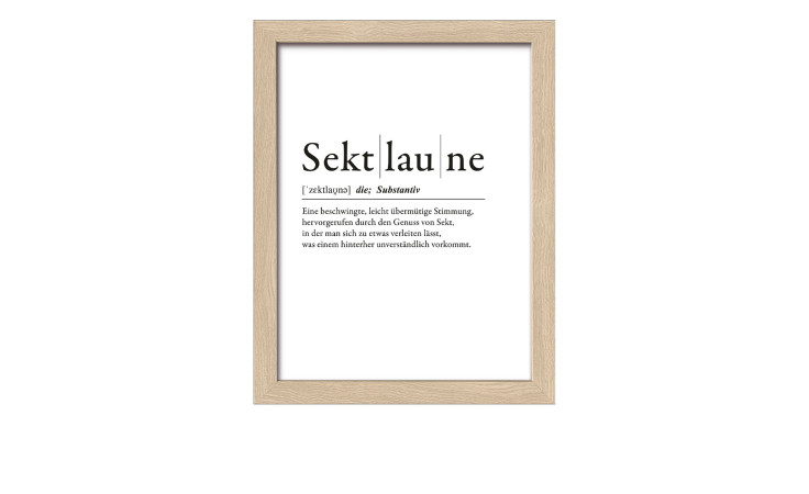 Das Pro-Art Rahmenbild Sektlaune 24 x 19 cm zeigt das Wort Sektlaune und seine Definition auf einem weißen MDF-Hintergrund.